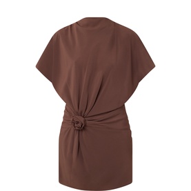 Rotate chestnut mini dress with short sleeves, knotted waist detail, and draped silhouette