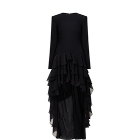 Rotate black long-sleeve midi dress with tiered ruffle skirt and sheer layered hem, worn as a flat product shot