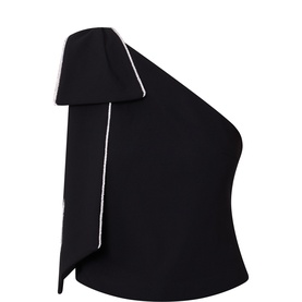 Rotate black one-shoulder top with white contrast piping trim and draped bow detail, polyester blend