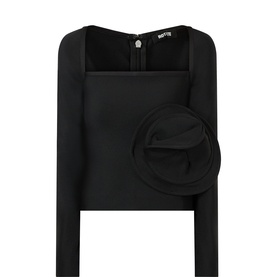 Rotate black long-sleeve top with square neckline and oversized 3D rose appliqu&eacute; detail at waist, zip back fastening