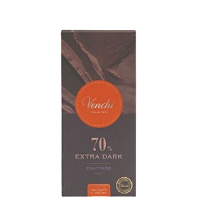 Venchi 70% Extra Dark Fruttato chocolate bar in dark brown packaging with orange accent band
