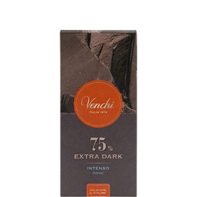 Venchi 75% Extra Dark Intenso chocolate bar in dark grey packaging with copper brand logo detail