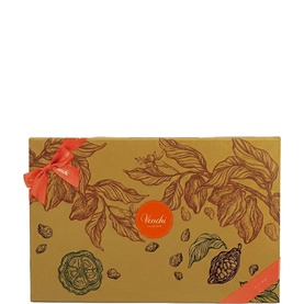 Venchi chocolate gift box in gold with cocoa branch print and red satin ribbon bow