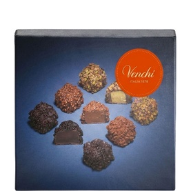 Venchi assorted multi-flavour chocolate selection box with varied dark, milk and nutty praline pieces on dark blue packaging.