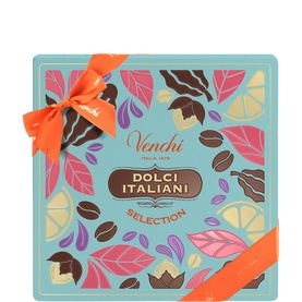 Venchi Dolci Italiani Selection chocolate gift tin in multi-coloured floral design with orange ribbon bow