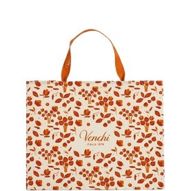 Venchi chocolate gift bag in cream with terracotta floral print and orange ribbon handles