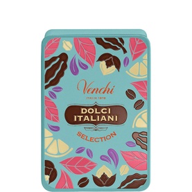 Venchi Dolci Italiani Selection chocolate tin in multicolour floral and tropical leaf print on teal background.