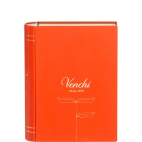 Venchi orange hardcover book-shaped chocolate gift box with embossed logo and floral line illustration
