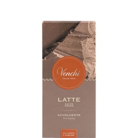 Venchi Latte Milk chocolate bar in cream and brown packaging with enveloping milk chocolate description on front