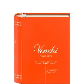 Venchi Italia 1878 orange book-shaped chocolate gift box with decorative white detailing and floral motif
