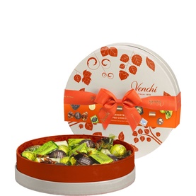 Venchi round gift box of assorted chocolates in coloured foil wrappers, tied with an orange satin ribbon bow