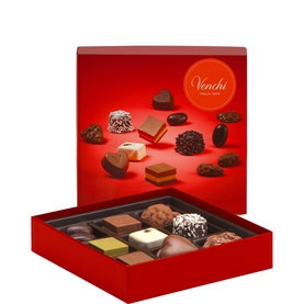 Venchi red gift box of assorted mixed chocolates, open lid showing selection of pralines and truffles in multi flavours