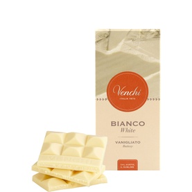 Venchi Bianco White Vanigliato chocolate bar with packaging, showing segmented white chocolate pieces alongside the box.