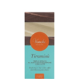 Venchi Tiramis&ugrave; triple layer chocolate bar with coffee and mascarpone flavour, multi-tone packaging in teal, orange and brown