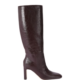 Dark brown crinkled leather knee-high boots with block heel and round toe, shown in profile on white background