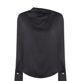 Max Mara Studio black silk blend draped neckline top with long sleeves and gold-tone button cuffs