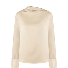 Max Mara Studio Quinto Satin Blouse in sage green with cowl neck, draped shoulder detail, long sleeves and wide buttoned cuffs