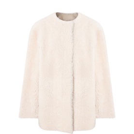 Max Mara Studio Albino shearling jacket, collarless silhouette with open front and long sleeves in cream textured fleece