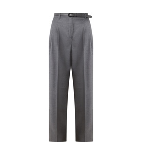Max Mara Studio dark grey virgin wool wide-leg trousers with front pleats and attached belt detail