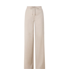 Max Mara Studio Beige Melange wide-leg trousers in virgin wool blend with drawstring waist and relaxed silhouette