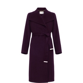 Phase Eight purple wrap coat with wide lapels, self-tie belt, and tab cuffs, displayed as a flat shot