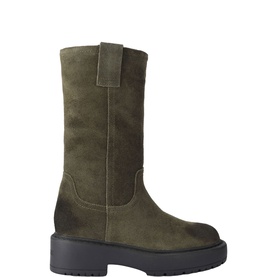 Khaki green suede mid-calf boot with pull tab, chunky black lug sole, clean toe cap, side profile view