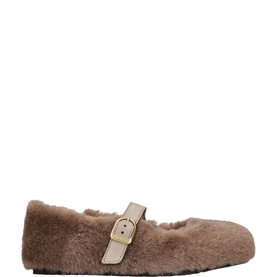 Birkenstock grey shearling Mary Jane flat with gold-tone buckle strap and round toe, no model