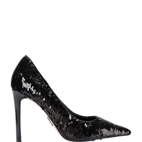 Black sequin pointed-toe stiletto court shoe with high heel and subtle silver sequin details, side profile view