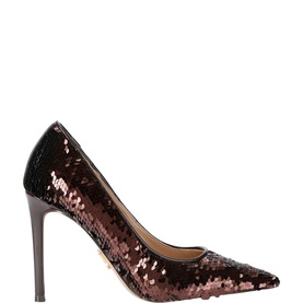 Bronze sequin pointed-toe stiletto court shoe with all-over sequin embellishment and slim high heel