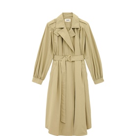 Bash beige trench coat with belted waist, wide lapels, pleated sleeves, and flared silhouette