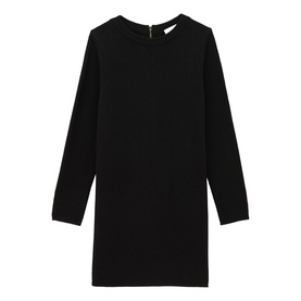 Bash black long-sleeve mini dress with round neck and zip back detail, laid flat