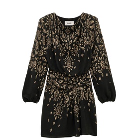 Bash black long-sleeve mini dress with gold paisley print, ruched waist detail and blouson sleeves
