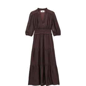 Bash purple maxi dress with V-neckline, puff sleeves, elasticated waist, and tiered skirt
