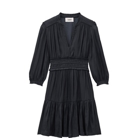 Bash blue V-neck midi dress with smocked waist, three-quarter puff sleeves, and tiered skirt