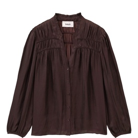 Bash purple long-sleeve blouse with V-neckline, pintuck yoke detail, and button front placket