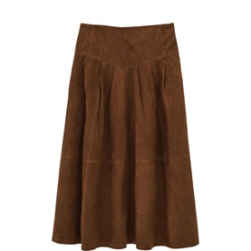 Bash brown suede-effect A-line midi skirt with pleated panels and fitted waistband
