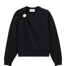 Bash black sweatshirt with gold button detail at neckline, crew neck, long sleeves, relaxed fit