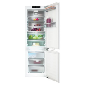Miele Built-in 70/30 Fridge-Freezer PerfectFresh Active with IceMaker, open door revealing stocked fridge and freezer compartments
