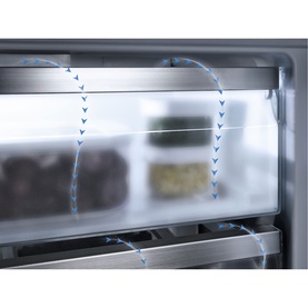 Miele Built-in 70/30 Fridge-Freezer PerfectFresh Active interior showing airflow circulation diagram with blue arrows