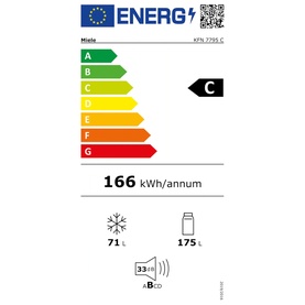 Miele KFN 7795 C energy rating label showing C rating, 166 kWh/annum, 71L freezer, 175L fridge, 33dB noise level.