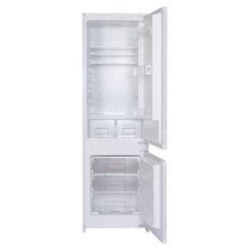 Integrated fridge freezer in white, shown open with fridge compartment above and freezer drawer below, front-facing view
