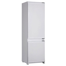 White integrated fridge freezer with two doors, silver handle detail, shown as freestanding unit against white background