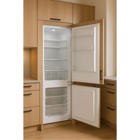Integrated fridge freezer with open door revealing internal shelving and freezer drawer, set into light wood kitchen cabinetry