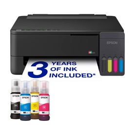 Epson EcoTank ET-1910 Printer in black with four ink bottles, labelled 3 Years of Ink Included