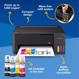 Epson EcoTank ET-1910 Printer in black with four ink bottles, highlighting compact design, mess-free refill, and AirPrint compatibility