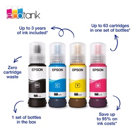 Epson EcoTank ink bottle set in black, cyan, yellow and magenta with callouts highlighting up to 3 years of ink and 95% savings