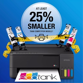 Epson EcoTank ET-1910 Printer in black, promotional shot highlighting at least 25% smaller size than competitor models.