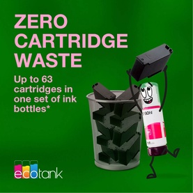 Epson EcoTank promotional graphic highlighting zero cartridge waste, featuring animated ink bottle character and waste bin on green background.