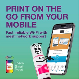 Epson EcoTank ET-1910 Printer in black, advertised with print-on-the-go mobile printing and Wi-Fi mesh network support via Epson Smart Panel app.