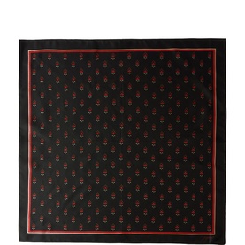 Jigsaw black silk scarf with red floral ditsy print and contrast red border edge, laid flat